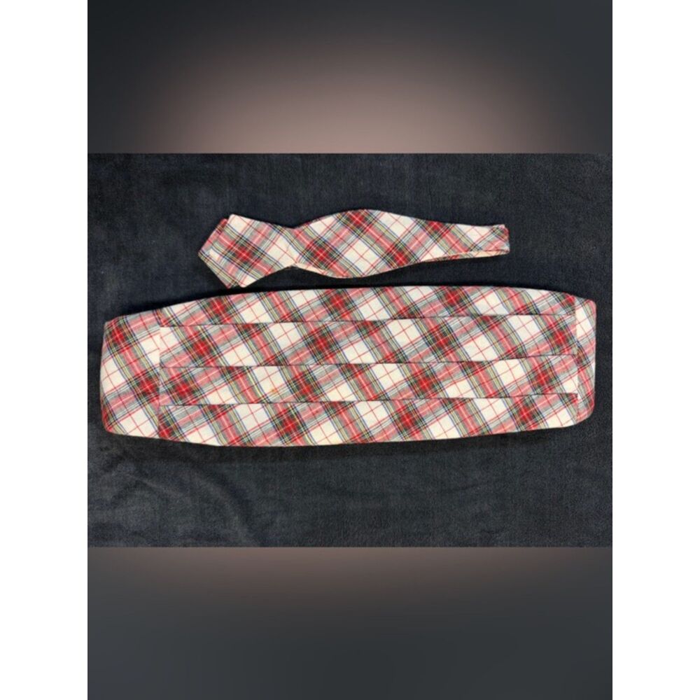 Vintage Land's End Plaid Cotton Cummerbund & Adjustable Bow Tie Set Made in USA